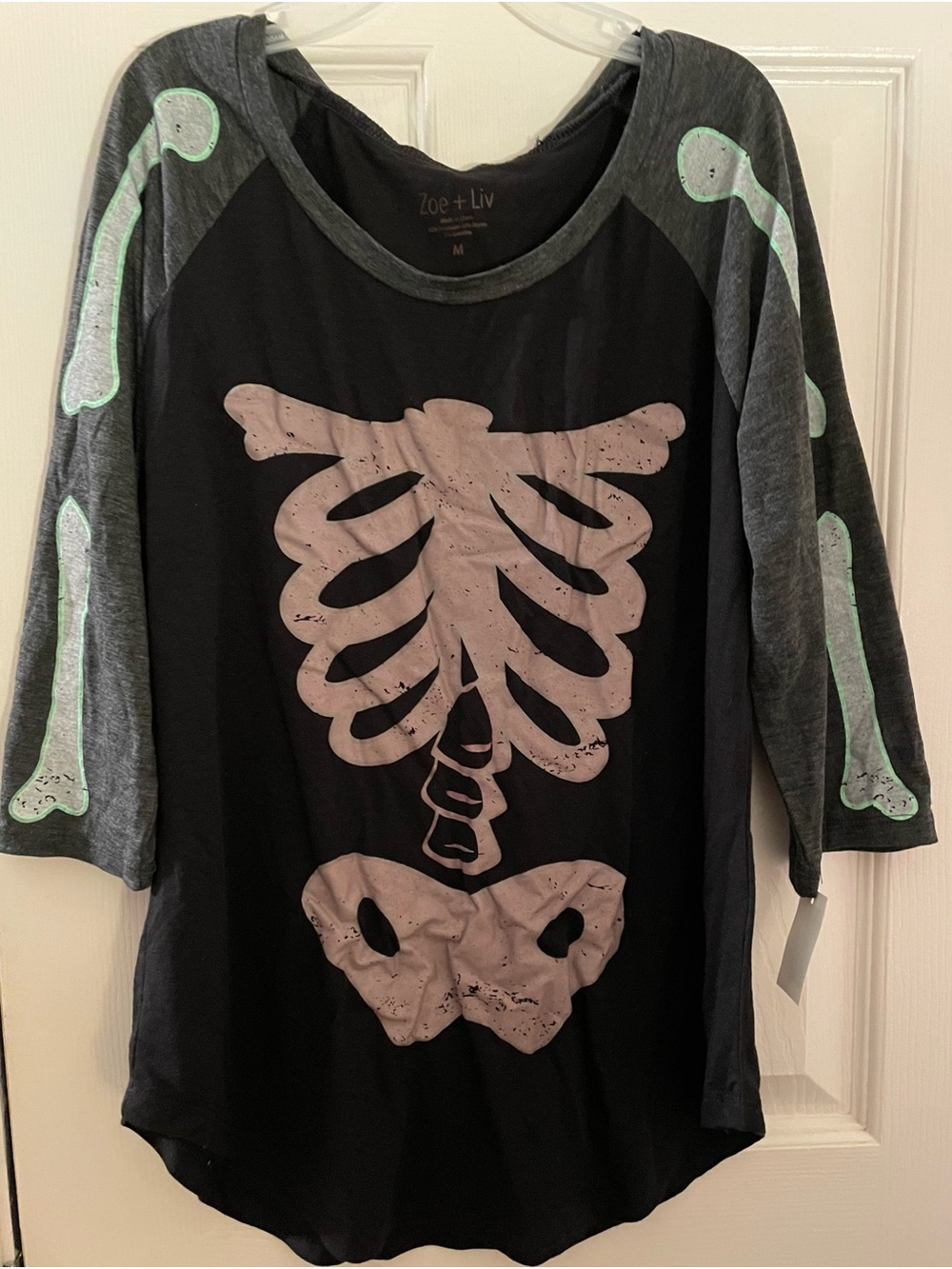 Zoe + Liv Black Raglan Top  Skeleton Graphic and Gray Sleeves  NWT medium